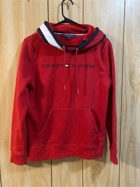 Tommy Hilfiger Red Pullover Hoodie with Navy & White Lined Hood